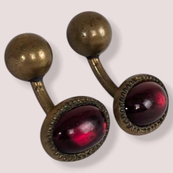 Antique Ball Back Red Glass Cufflinks - Picture 2 of 5